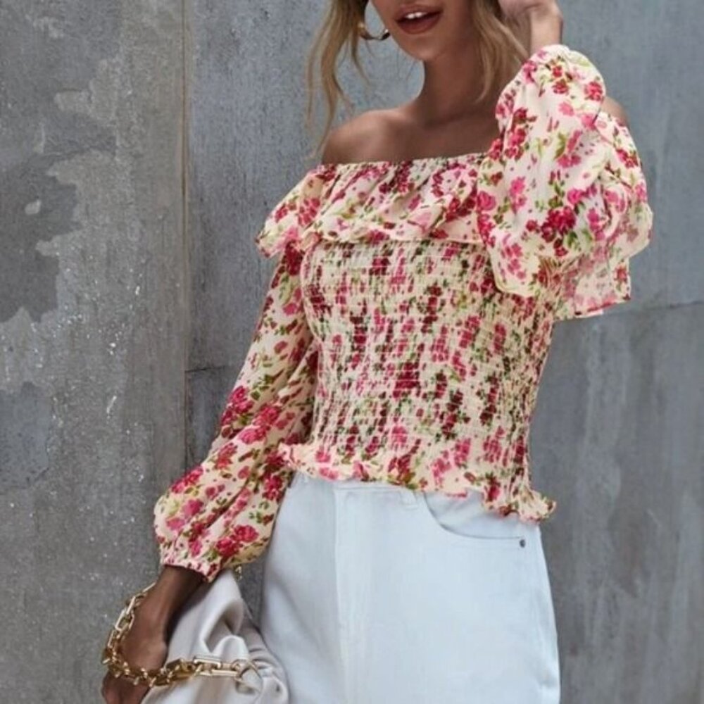 Zara Floral Pink & White Ruffle Crop Top Blouse